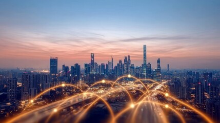 Poster - Futuristic metropolitan cityscape at twilight, showcasing advanced energy networks and architecture.