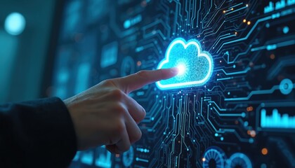 Poster - Person finger touching glowing cloud computing icon on digital circuit board background. High tech tech future innovation digital transformation of business, data storage, online information,