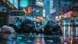 © Dodit - Overflowing trash bags on a wet city street with traffic and signs in the background
