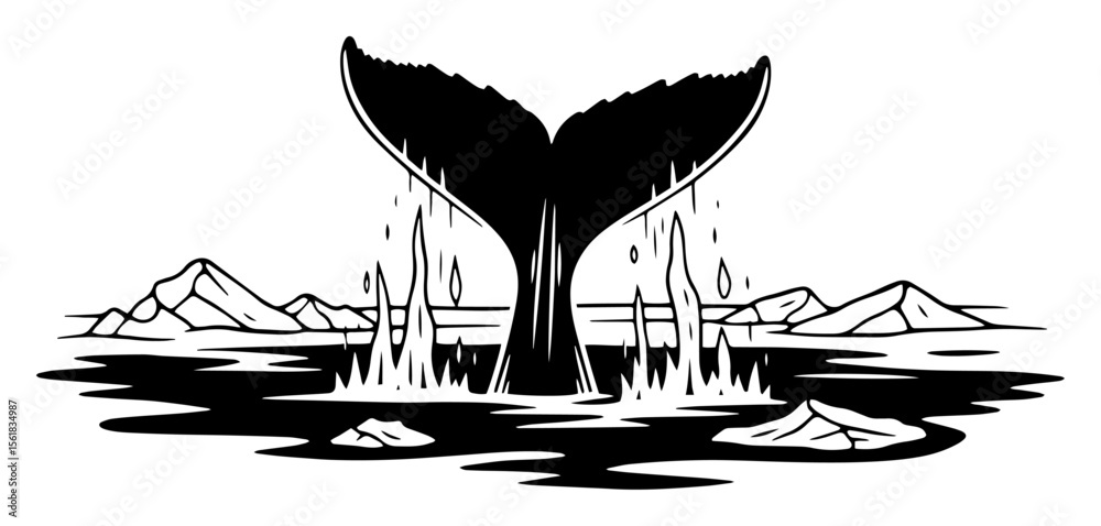 black and white vector of a whale tail splashing in the sea, surrounded ...