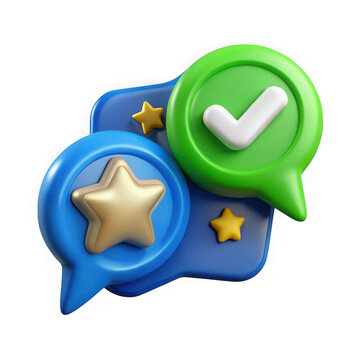 3d chat bubbles with stars and checkmark isolated on transparent background
