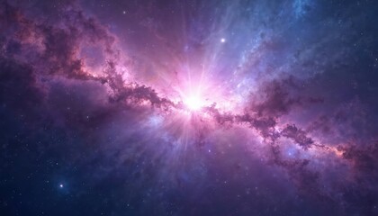 Wall Mural - Illustration of deep space with purple and blue colors. Bright light shines with stars, nebula in universe. Cosmic background for fantasy, science. Concept of deep space exploration and cosmic travel.