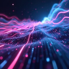 Poster - Abstract futuristic background with purple and blue glowing neon moving high speed wave lines. Bokeh lights and data transfer concept. Tech, digital, network visualization background.