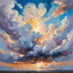 Poster - Massive clouds swirl above the landscape, catching the last rays of the sun. Vibrant oranges and deep blues blend seamlessly, crafting a captivating sunset that stirs the soul Generative AI