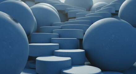 Poster - Abstract Blue Spheres and Steps: Minimalist 3D Rendered Landscape