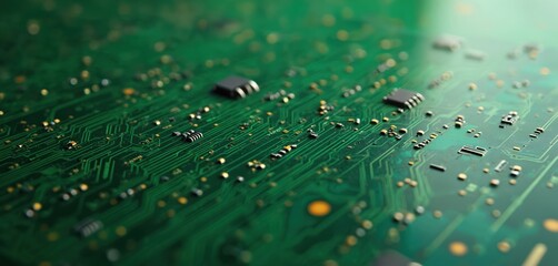 Poster - Close-up green PCB circuit board with electrical lines, paths. Computer parts, microchips, electronic components, integrated circuits. Tech engineering concept for data transfer, infrastructure,