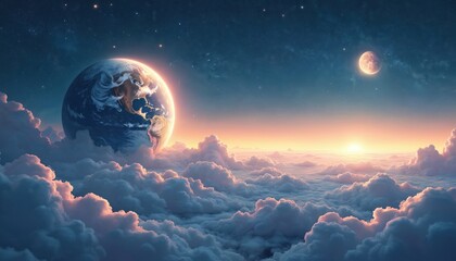 Wall Mural - Whimsical illustration of Earth from space with soft colors. Planet floats above clouds, Moon, stars in peaceful scenery. Galaxy, starry night. Digital art for sci-fi, fantasy concepts.
