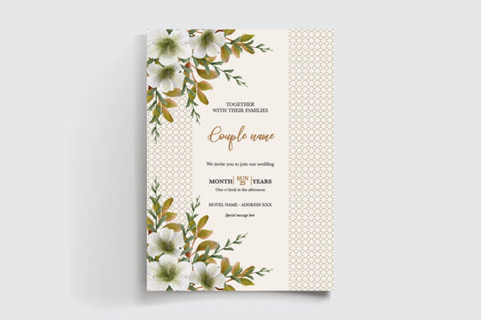 WEDDING INVITATION FRAME WITH FLOWER DECORATIONS AND FRESH LEAVES