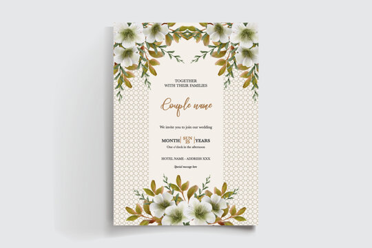 WEDDING INVITATION FRAME WITH FLOWER DECORATIONS AND FRESH LEAVES