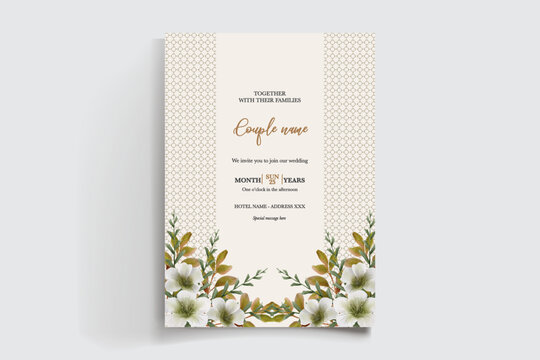 WEDDING INVITATION FRAME WITH FLOWER DECORATIONS AND FRESH LEAVES