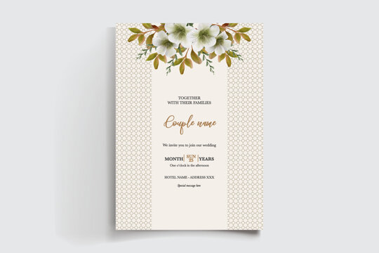 WEDDING INVITATION FRAME WITH FLOWER DECORATIONS AND FRESH LEAVES
