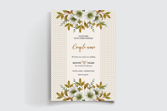 WEDDING INVITATION FRAME WITH FLOWER DECORATIONS AND FRESH LEAVES