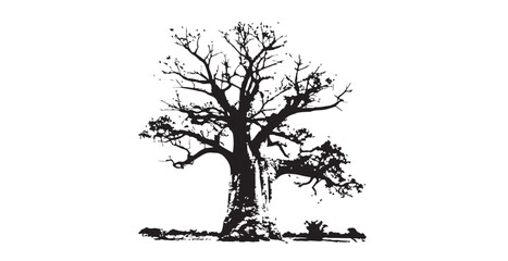 Majestic baobab tree silhouette against a white background