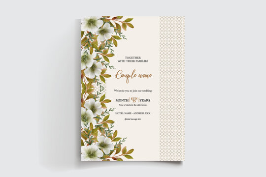 WEDDING INVITATION FRAME WITH FLOWER DECORATIONS AND FRESH LEAVES