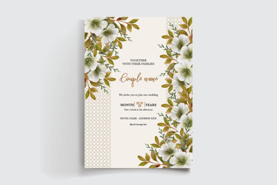 WEDDING INVITATION FRAME WITH FLOWER DECORATIONS AND FRESH LEAVES