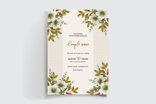 WEDDING INVITATION FRAME WITH FLOWER DECORATIONS AND FRESH LEAVES