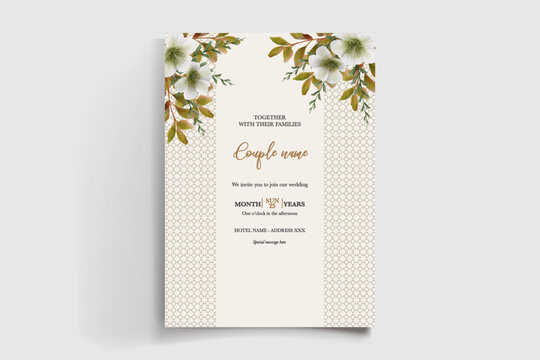 WEDDING INVITATION FRAME WITH FLOWER DECORATIONS AND FRESH LEAVES