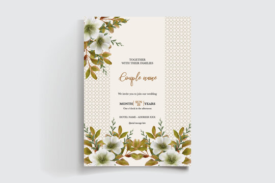 WEDDING INVITATION FRAME WITH FLOWER DECORATIONS AND FRESH LEAVES
