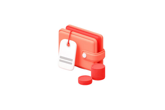 3D Render of Coral Wallet Coins and Tag Isolate money 3d rendering label