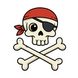 Cartoon pirate skull with eye patch and crossed bones, playful clipart design for kids, isolated on transparent background clipart