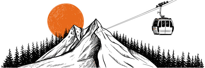 Wall Mural - Mountain landscape with ski lift at sunset vector illustration background
