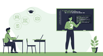 Digital Education Scene With Code Presentation And Career Icons Concept