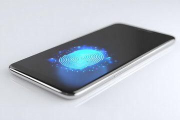 Fototapete - Sleek smartphone displaying biometric fingerprint scanner on screen, futuristic glowing interface, white background
