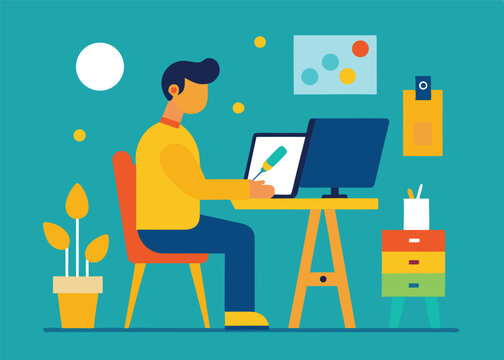 flat design illustration of man working on computer desk in creative workspace

