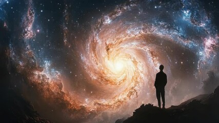 Wall Mural - A person contemplating the cosmos with a galaxy in the background.