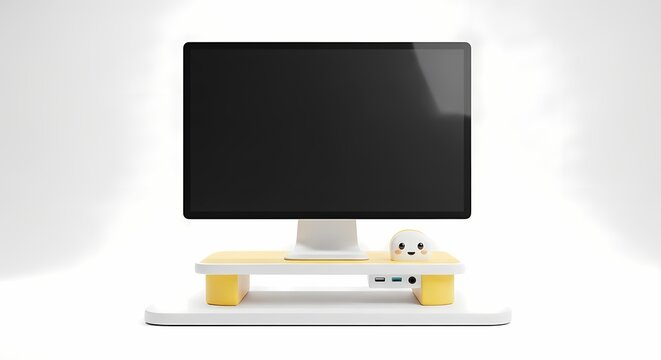 A minimalist computer setup featuring a monitor, desk, and a small decorative character.