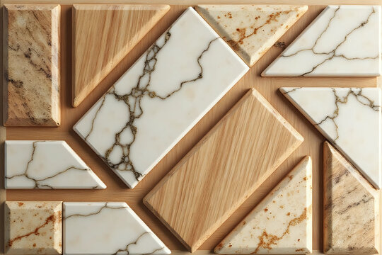 Wooden wall Panel Abstract geometric background for wall decor, modern marble ceramic tile with Geometric module, Brown wood textures, plywood illustration. 3d rendering.