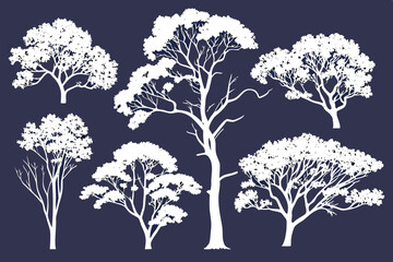 Collection of diverse white tree silhouettes on a dark blue background