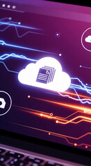 Aufkleber - Laptop screen displays cloud storage concept,  glowing cloud icon with documents, symbolizing data security and digital technology