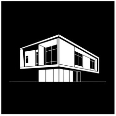 Poster - Modern Architectural Silhouette: A minimalist black and white architectural rendering showcases the clean lines, geometric forms, and contemporary design of a modern building.