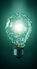 Poster - Glass lightbulb with glowing network inside, set against a teal background, symbolizing innovation, connection, and new ideas