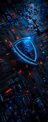 Poster - A vibrant digital concept showcasing a glowing shield emblem over intricate circuit patterns, symbolizing robust cybersecurity and digital protection in a high-tech environment.