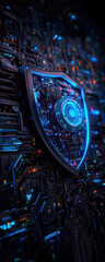 Poster - This striking image features a futuristic shield integrated into a complex circuit board, symbolizing cybersecurity and advanced technology with vibrant lights and intricate designs.