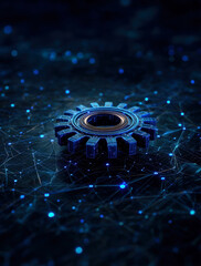 Poster - A stunning blue digital gear sits prominently against an intricate backdrop of glowing networks, symbolizing innovation and advanced technology in a connected world.