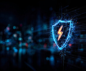 Poster - A striking digital shield with a lightning bolt, symbolizing security and power in technology.