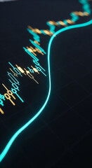 Poster - Abstract image of glowing teal line on dark background with yellow candlestick chart data, representing financial market trend, growth, or analysis