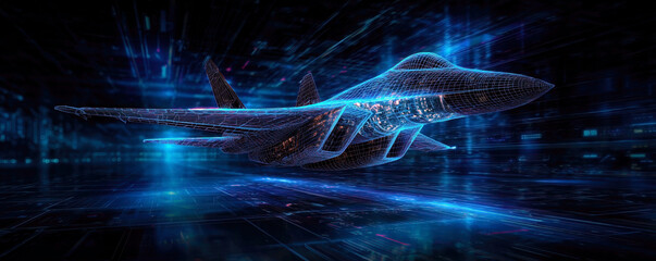 Poster - A stunning visual representation of a futuristic fighter jet, rendered in a dynamic wireframe style against a vibrant digital backdrop, showcasing advanced technology and innovation.