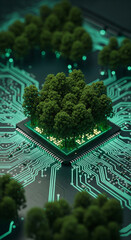 Fototapete - Green trees nestled within a glowing circuit board, symbolizing sustainable technology and environmental consciousness, showcasing a concept of eco-friendly innovation