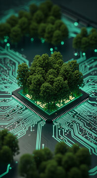 Green trees nestled within a glowing circuit board, symbolizing sustainable technology and environmental consciousness, showcasing a concept of eco-friendly innovation