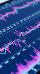 Poster - Close-up of financial chart display, showing dynamic pink and teal lines on dark blue background, illustrating market trends and data analysis for business and investment