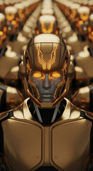 Poster - Close-up of gold robot face, glowing orange circuits, in a row of similar robots, showcasing futuristic technology and artificial intelligence concept