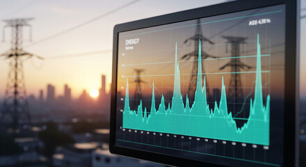 Poster - Close-up of energy consumption graph displayed on screen, showcasing fluctuating energy levels against city skyline backdrop, symbolizing energy market dynamics and urban development