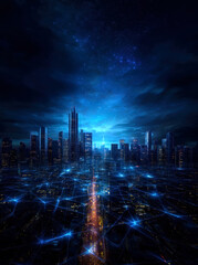 Poster - Immerse yourself in a breathtaking futuristic city illuminated by neon lights, connected through intricate networks, under a mesmerizing star-filled sky, showcasing the beauty of advanced technology.