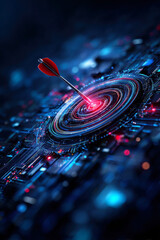 Poster - A stunning visualization of a dart hitting a glowing target amidst a backdrop of intricate digital circuits, symbolizing accuracy and innovation in technology.