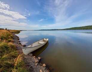  Serene Lakeside Landscape with Rowboat Reflection