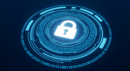 Poster - Cybersecurity concept image, featuring a glowing padlock encircled by binary code, symbolizing digital protection and data security